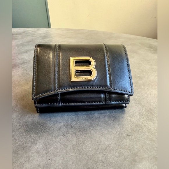Balenciaga Handbags - Balenciaga Hourglass Mini Black Calfskin Wallet with Gold Logo